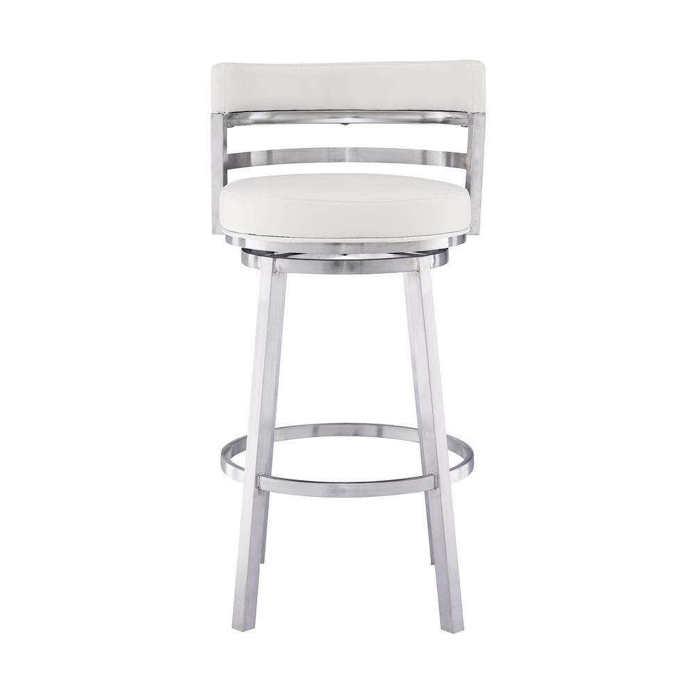 Luxe Swivel 26" White Faux Leather & Brushed Stainless Steel Barstool