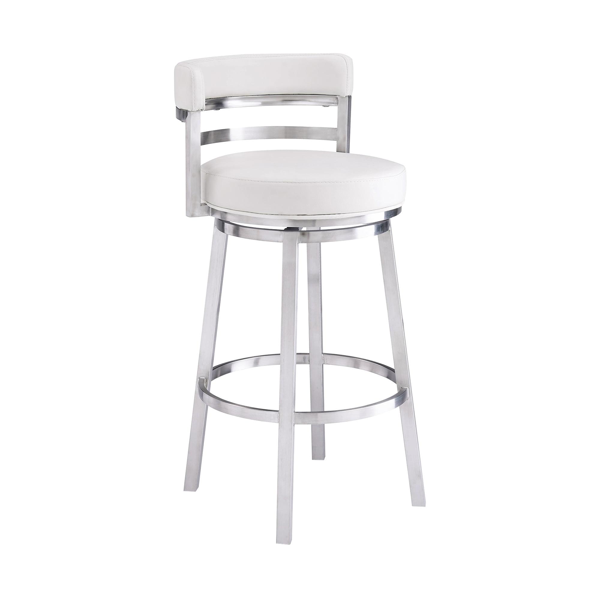 Luxe Swivel 26" White Faux Leather & Brushed Stainless Steel Barstool