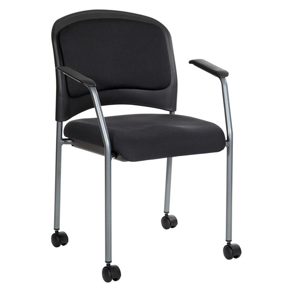 Titanium Finish Rolling Visitors Chair With Casters in Black Fabric