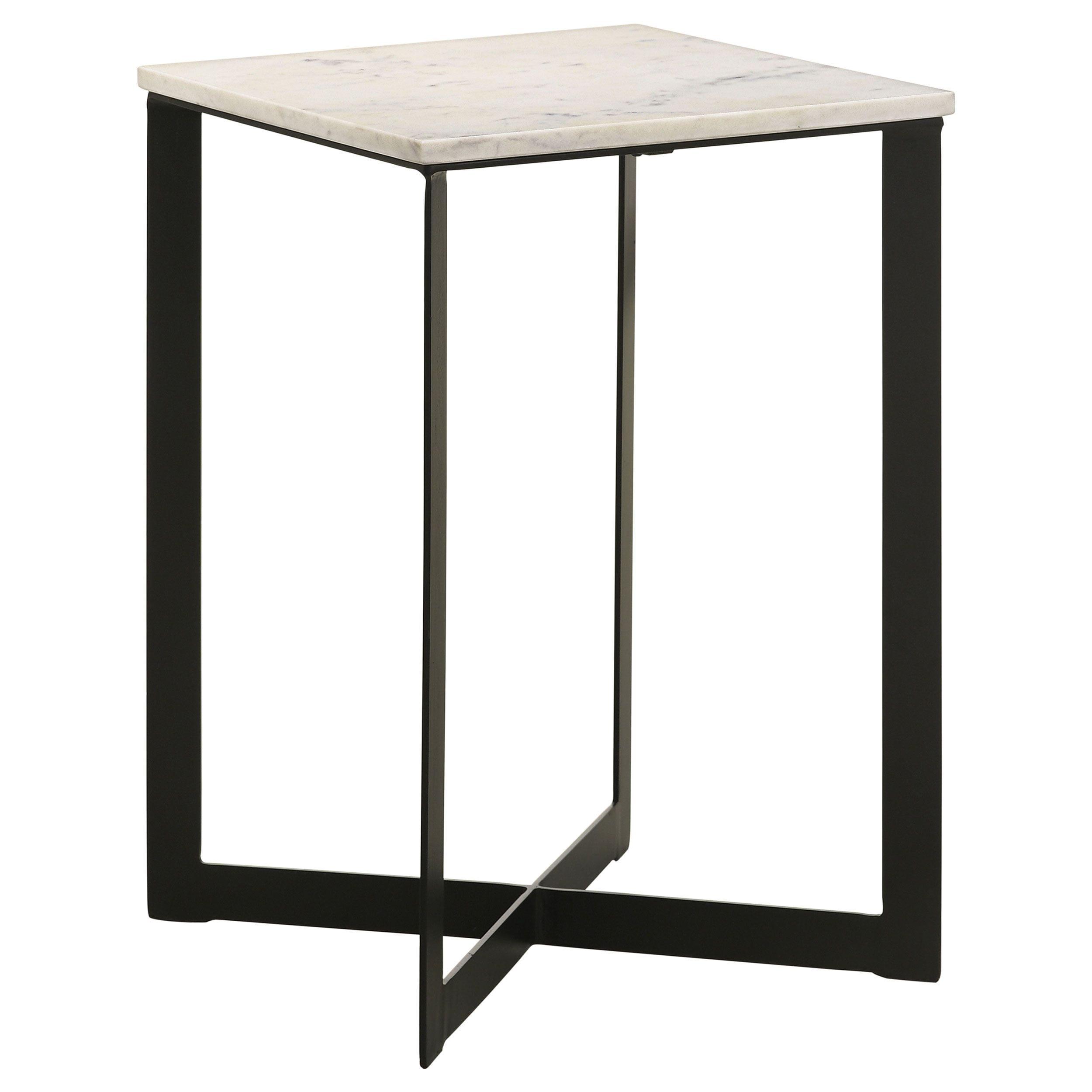 White Marble Top Square End Table with Black Metal Base