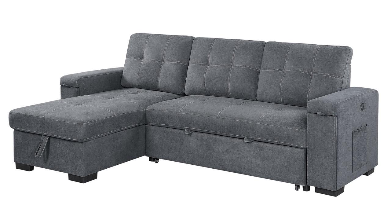 Gray Tufted Fabric Sectional Sofa with Storage and Cup Holder