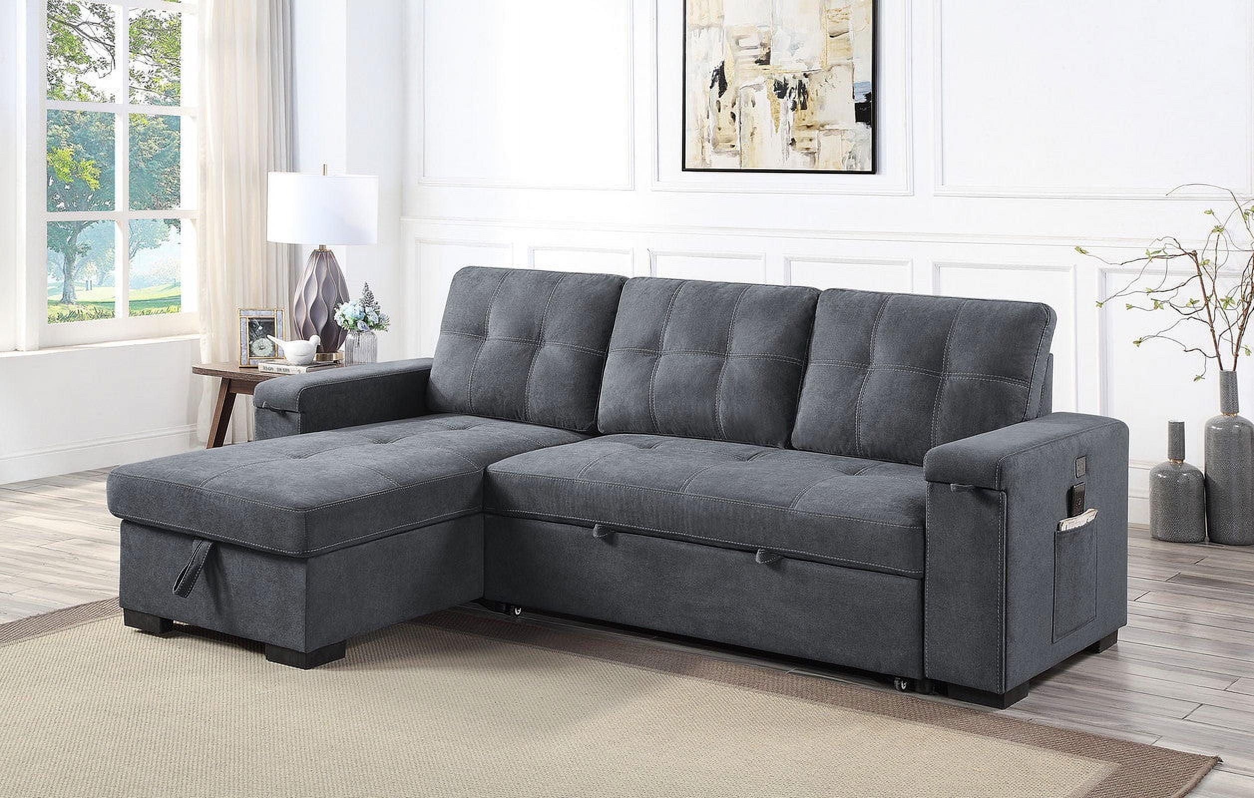 Toby Woven Fabric Reversible Sleeper Sectional Sofa with Storage Chaise Cup Holder USB Ports and Pockets