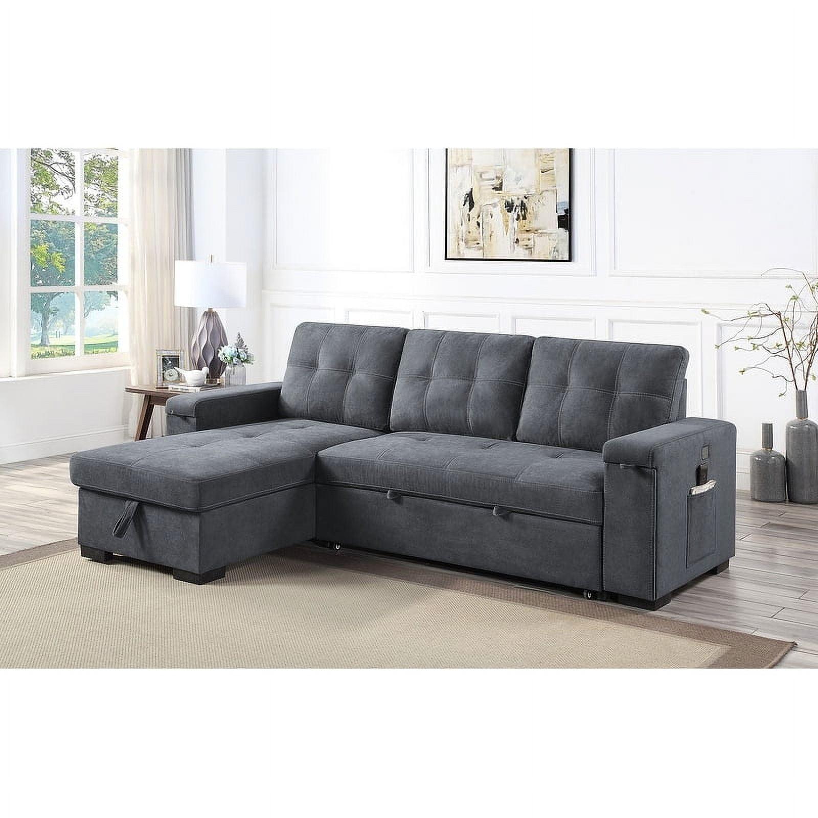 Toby Woven Fabric Reversible Sleeper Sectional Sofa with Storage Chaise Cup Holder USB Ports and Pockets Gray