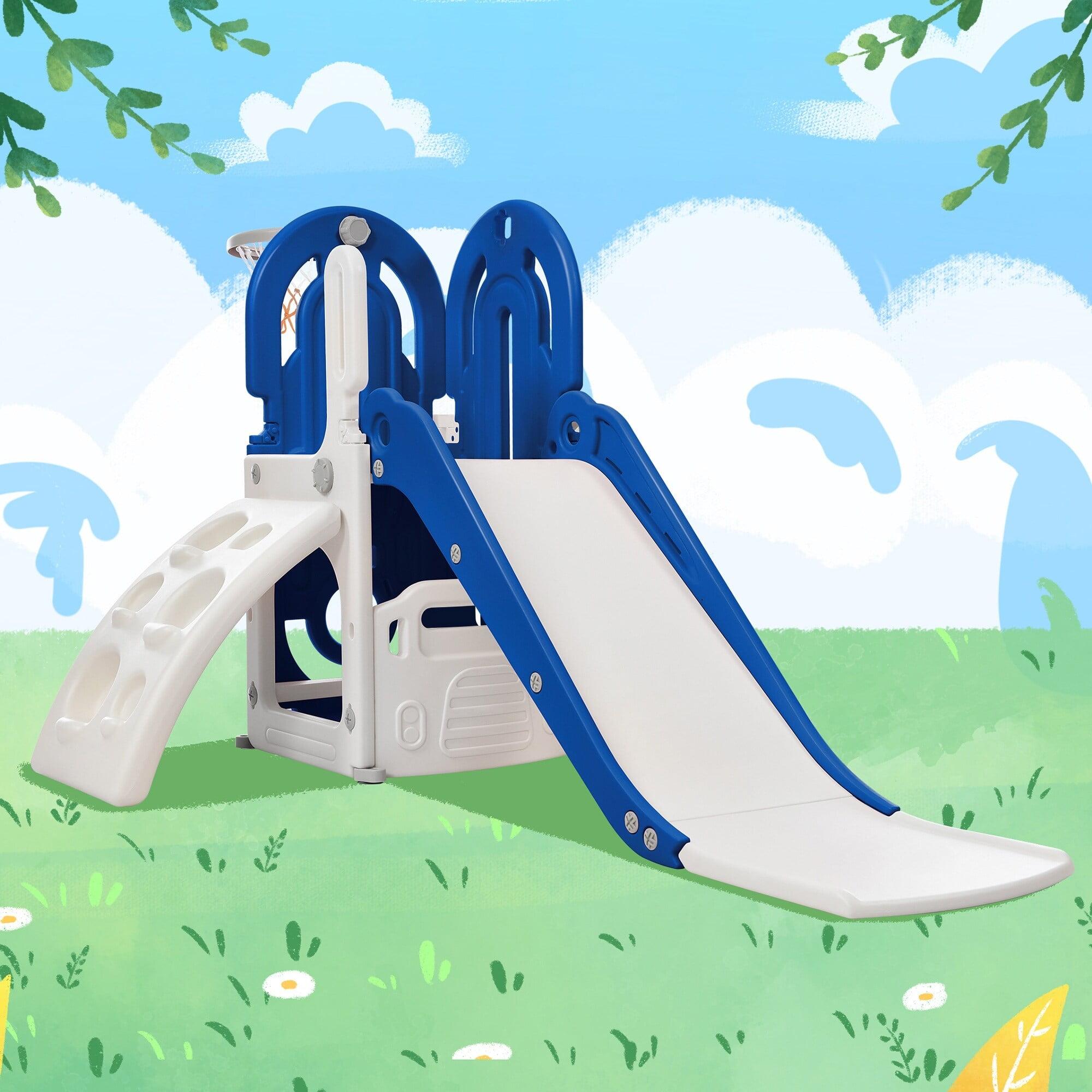 Blue and White 4-in-1 Toddler Climber Slide Set with Basketball Hoop