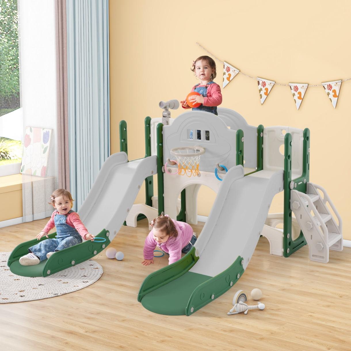 Green and White 7-in-1 Indoor Kids Playset with Slides and Activities