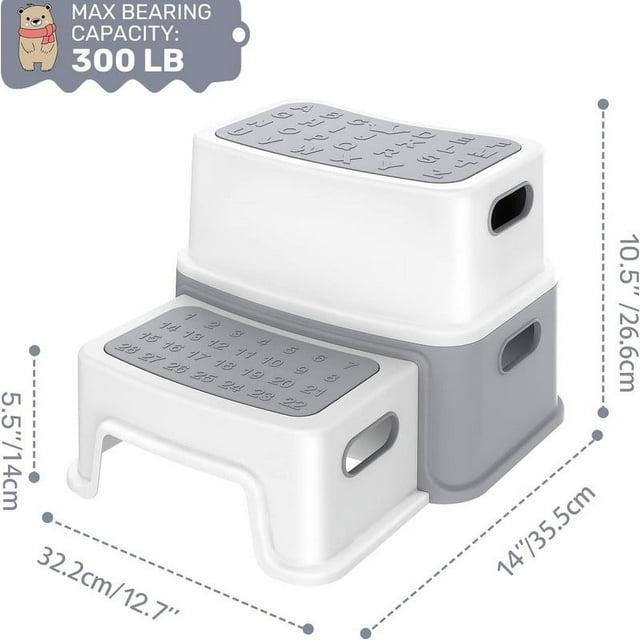 Toddler Step Stool for Toilet, Two Step Stool for Kids Bathroom with Handle for Potty Training, Non-Slip Girls Small Heavy Duty Plastic Stool for Sink Bed Kitchen Counter(Grey)