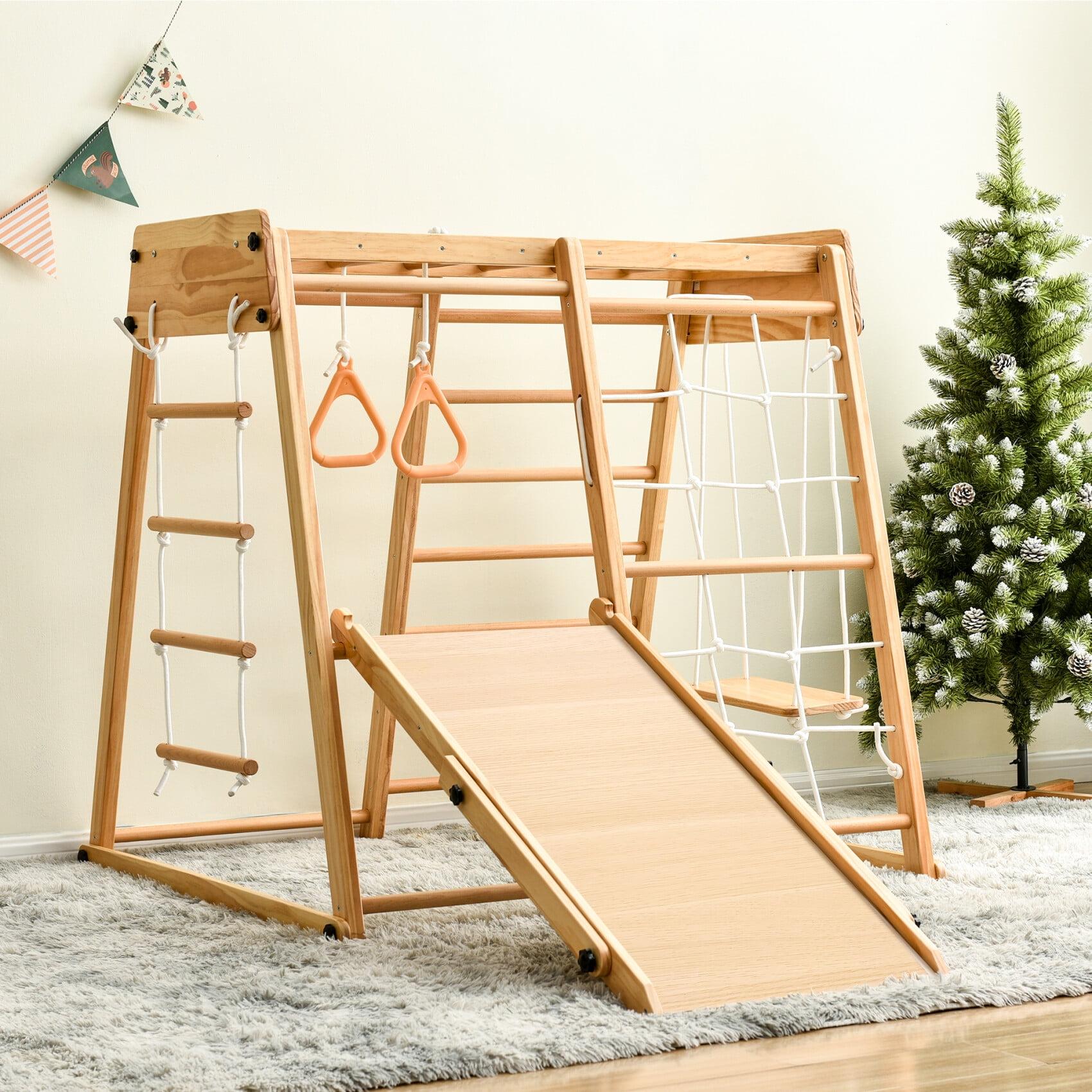 Indoor Playground 8-in-1 Jungle Gym Toddler Climbing Toys with Slides and Play Table Wooden Rock Climbing Ladder with Rope Wall Swing Rings Kids Slide