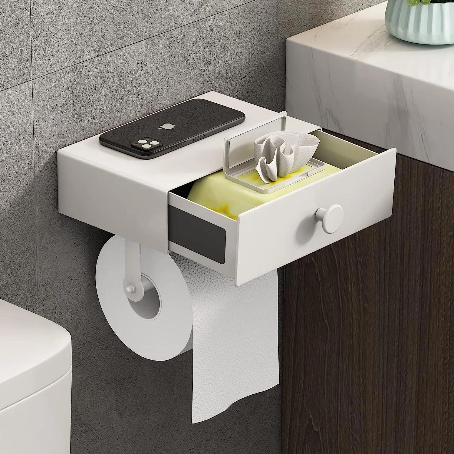 Wall-Mount Adhesive Toilet Paper Holder: Storage Drawer & Shelf - Matte White