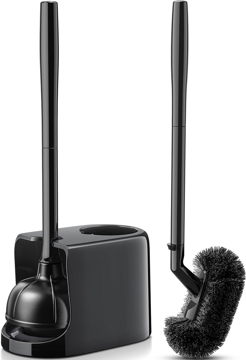 Toilet Plunger Bowl Brush Set: Curved Bristle with Holder for Deep Cleaning Under Rim - Heavy Duty Plunger Scrubber Combo with Ventilated Holder - Bathroom Accessories for Small Space - Black