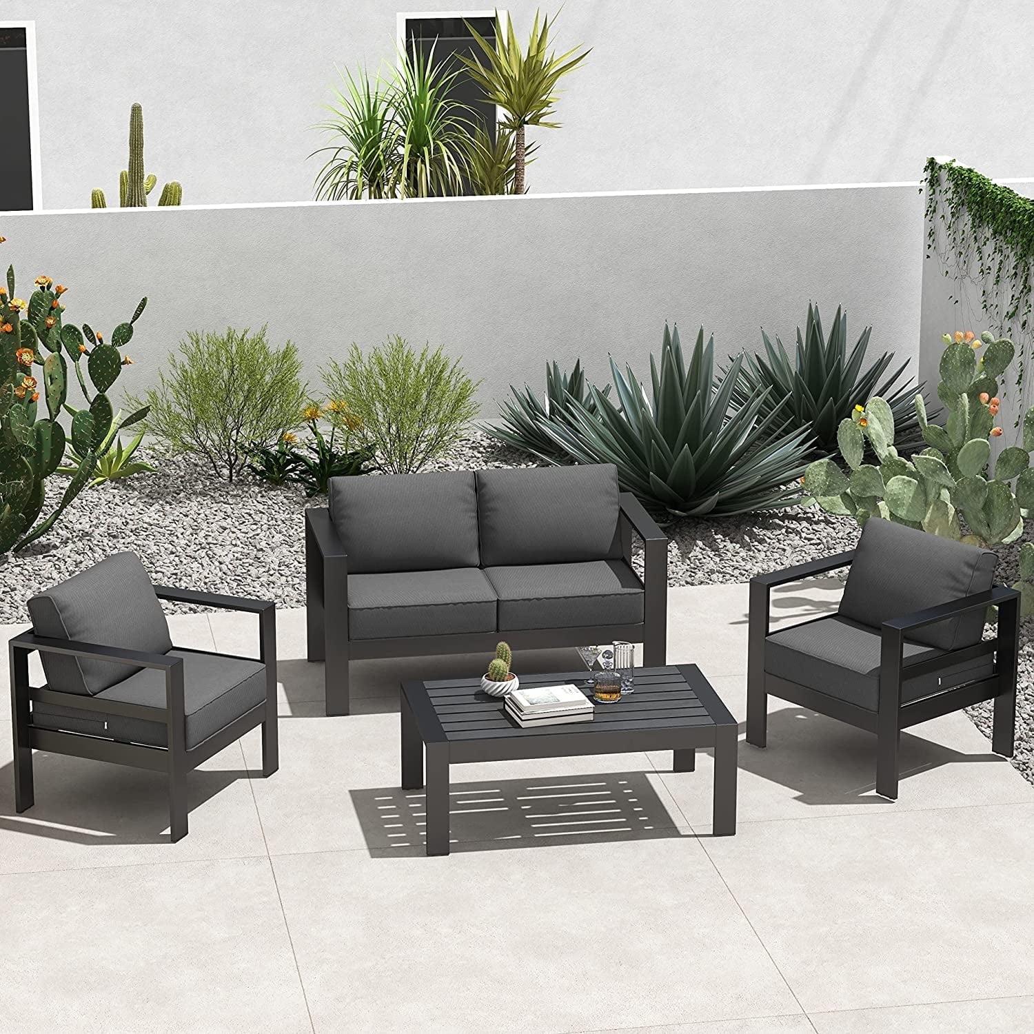 Dark Gray 4-Piece Aluminum Patio Sofa Set with Cushions