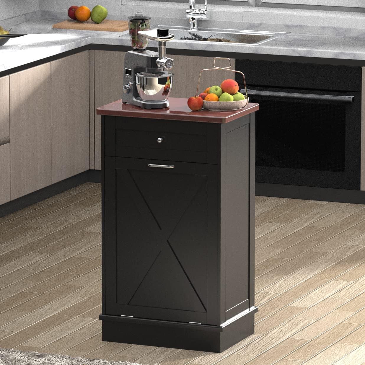 Black Wooden Tilt-Out Kitchen Trash Cabinet with Drawer