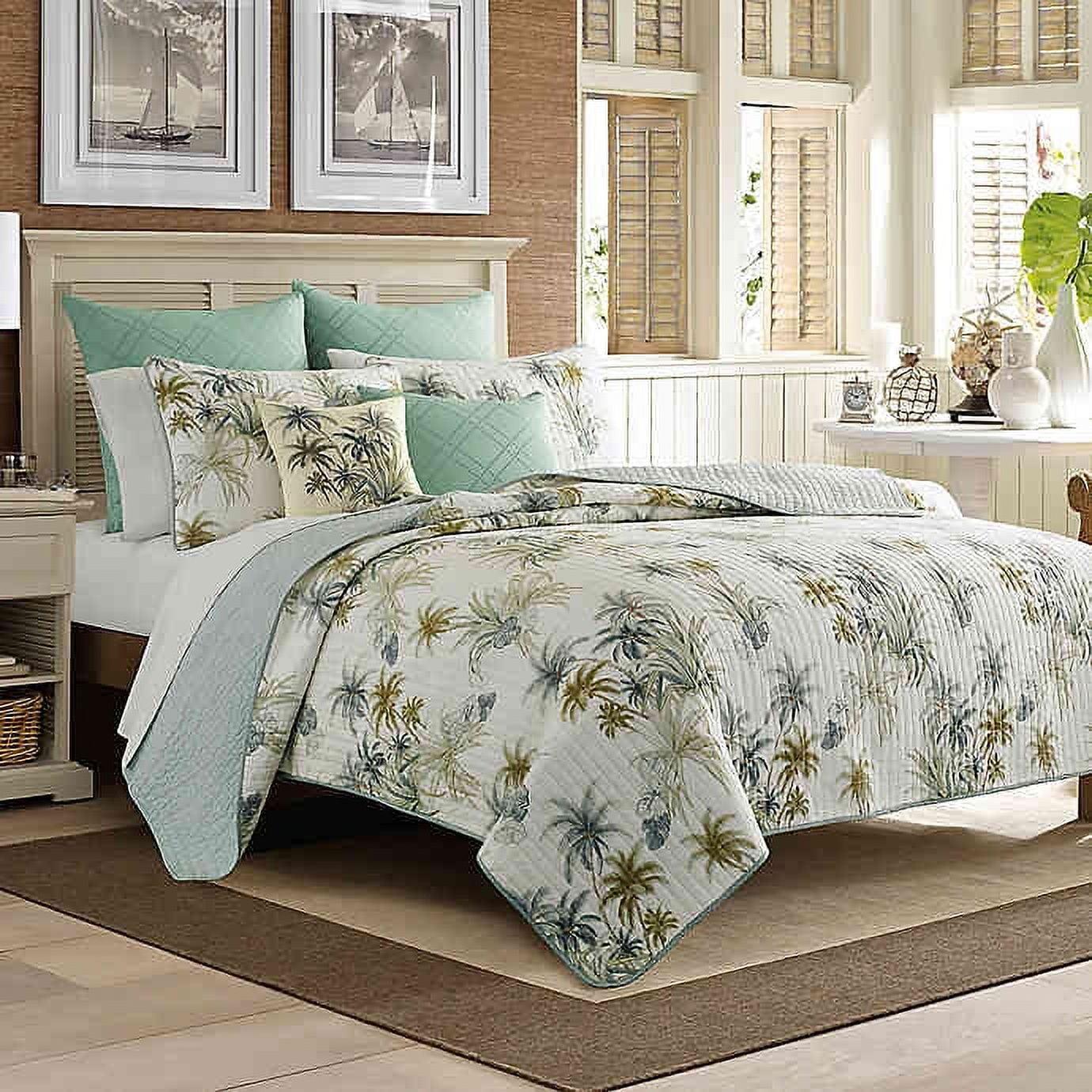 Serenity Palms King Blue Cotton Reversible Quilt Set