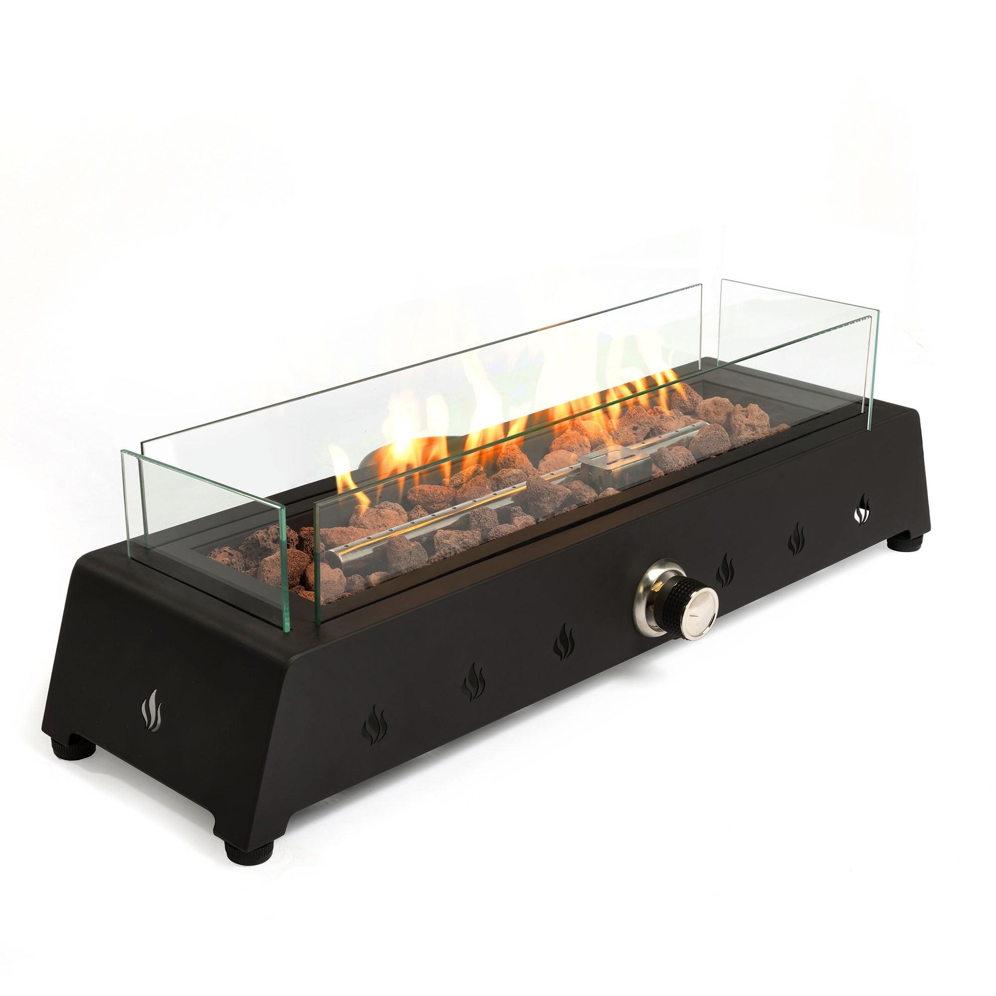 Tabletop Fire Pit with Quick Connect Joint, Glass Wind Guard and Lava Rock