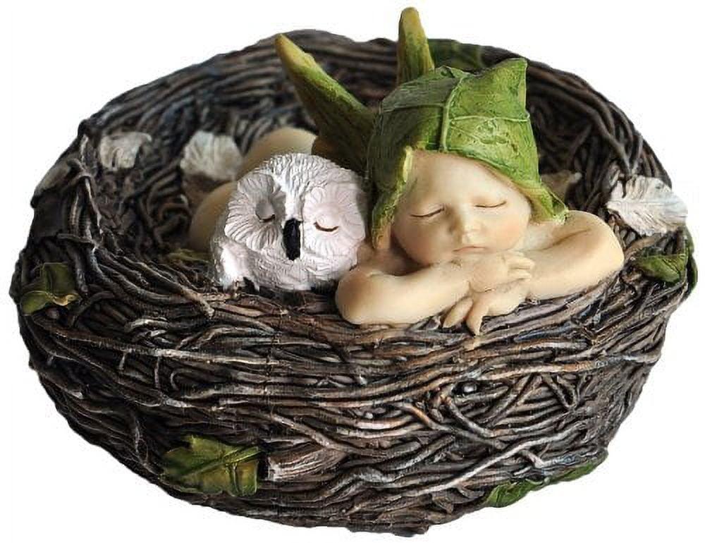 Top Collection 4202 Sleeping Fairy Baby with Owl in Nest Figurines, White, Brown, Cream, Green