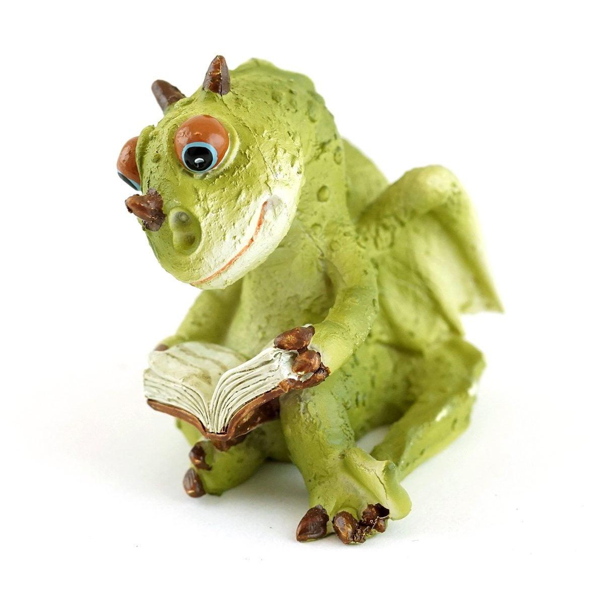 Miniature Green Resin Dragon Reading Book Figurine