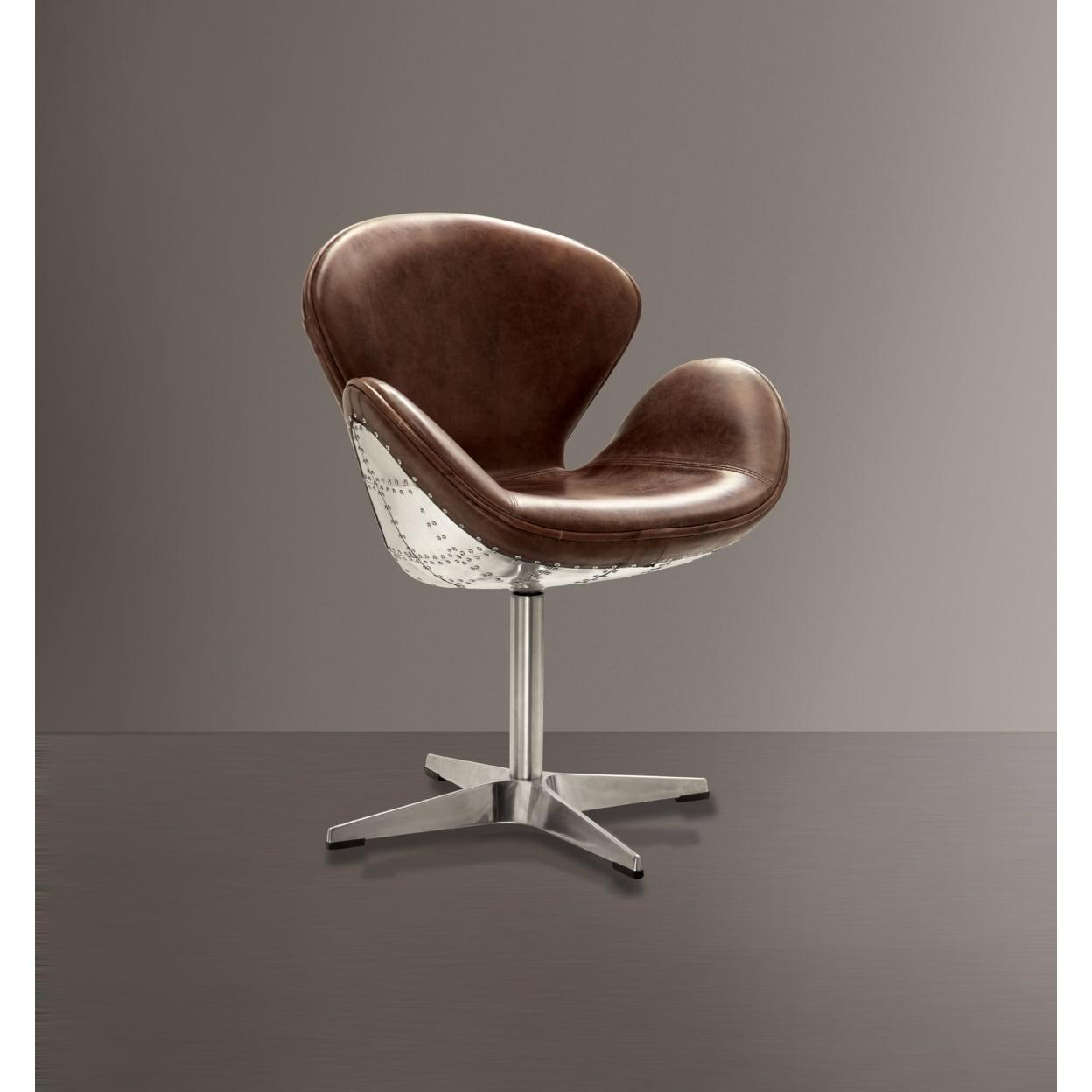 Retro Brown Leather and Metal Swivel Accent Chair