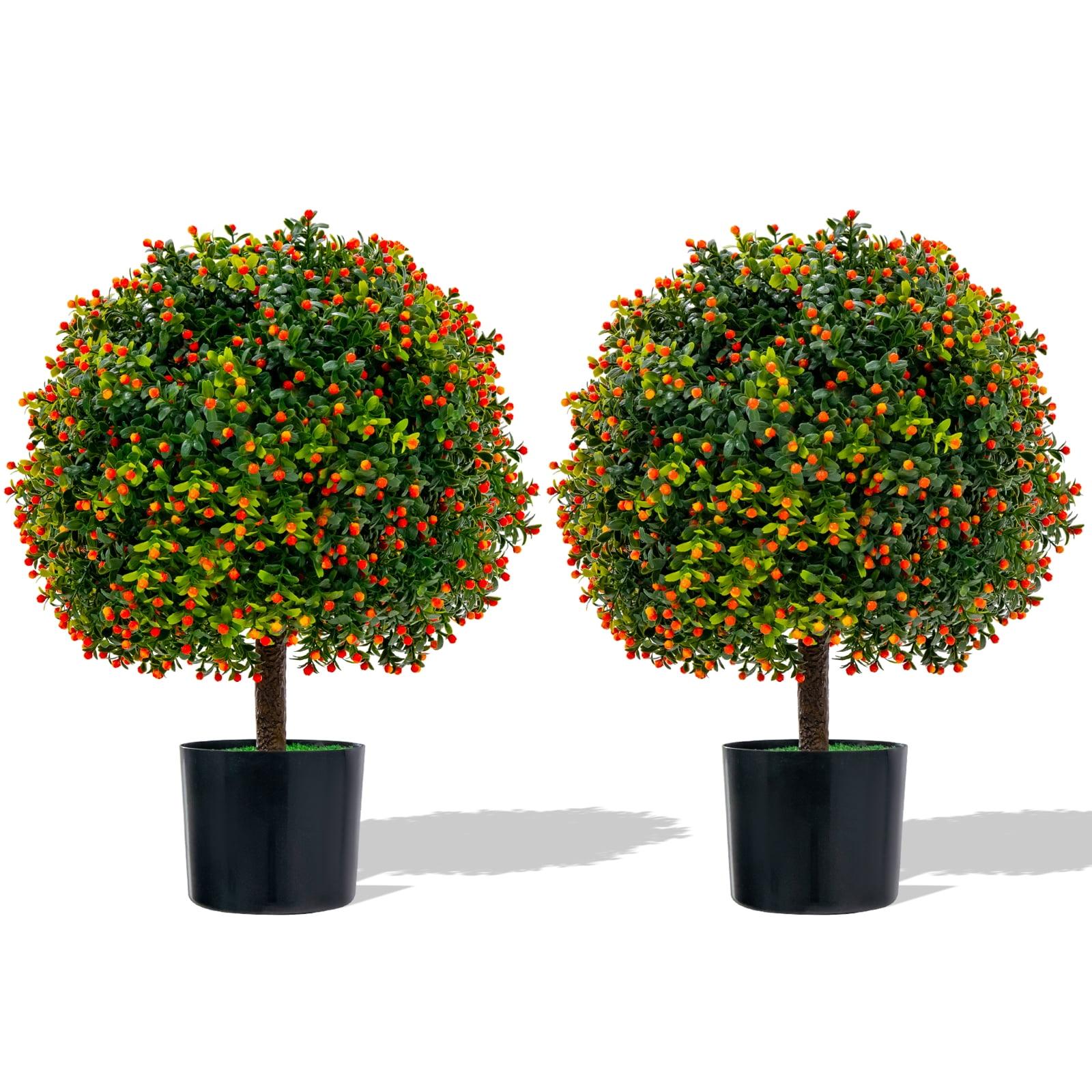 Costway 22'' Artificial Boxwood Topiary Ball Tree 2-Pack Faux Potted Plant w/Orange Fruit