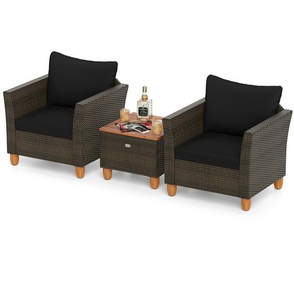 Costway 3PCS Outdoor Patio Rattan Furniture Set Wooden Table Top Cushioned Sofa Black