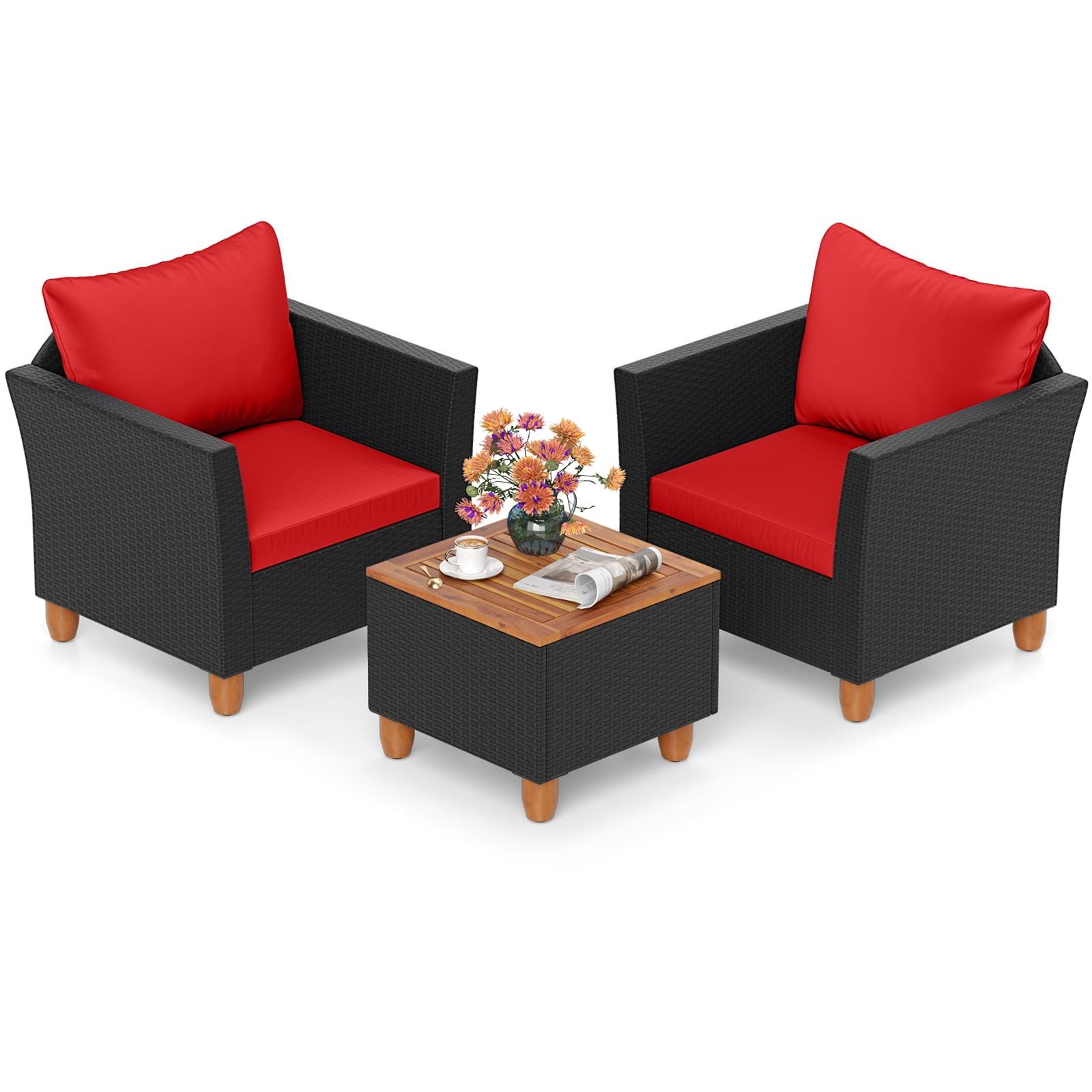 Tangkula 3PCS Patio Rattan Conversation Set Outdoor Furniture Set w/ Red Cushions