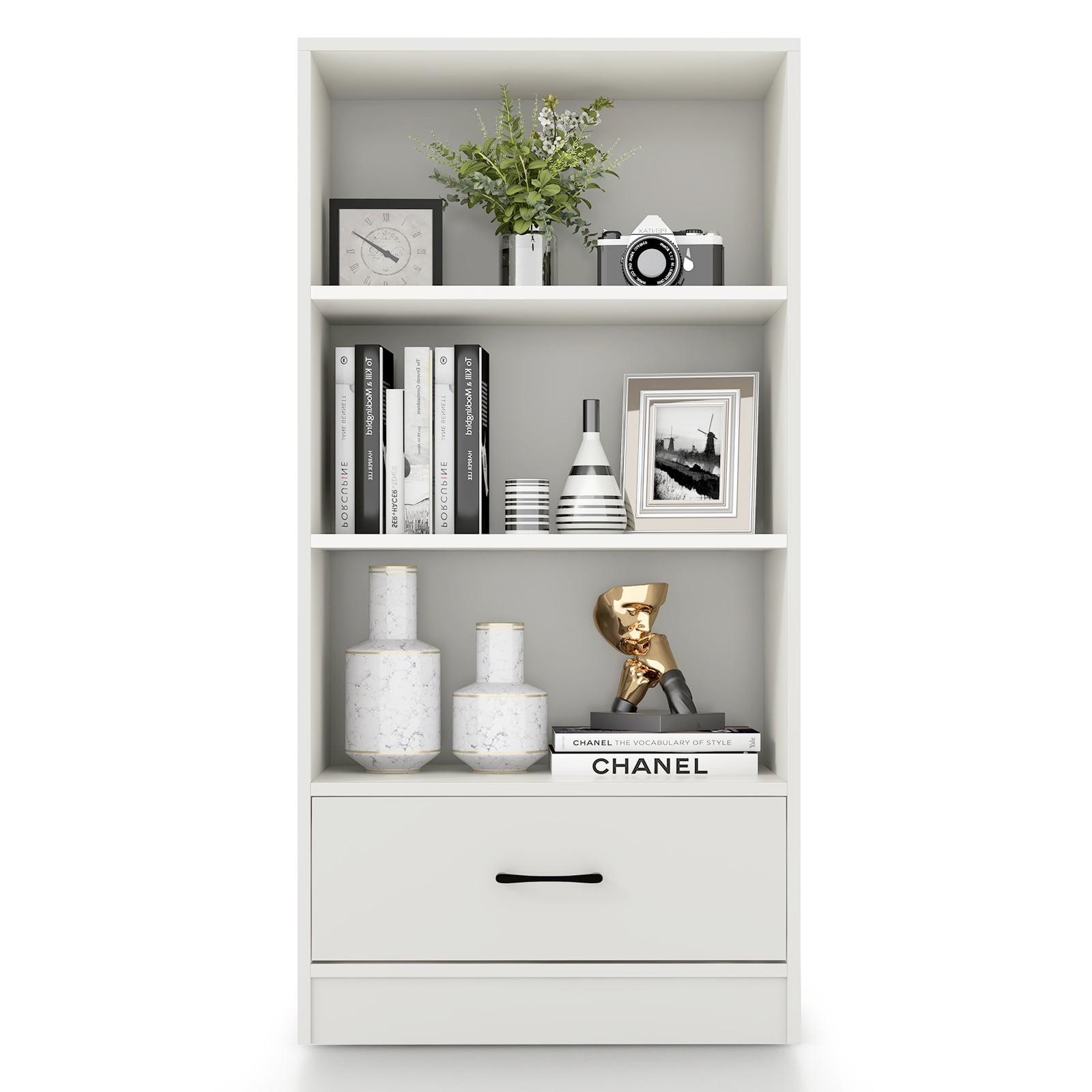 White 48" Modern Wood Bookcase with Drawer and Shelves