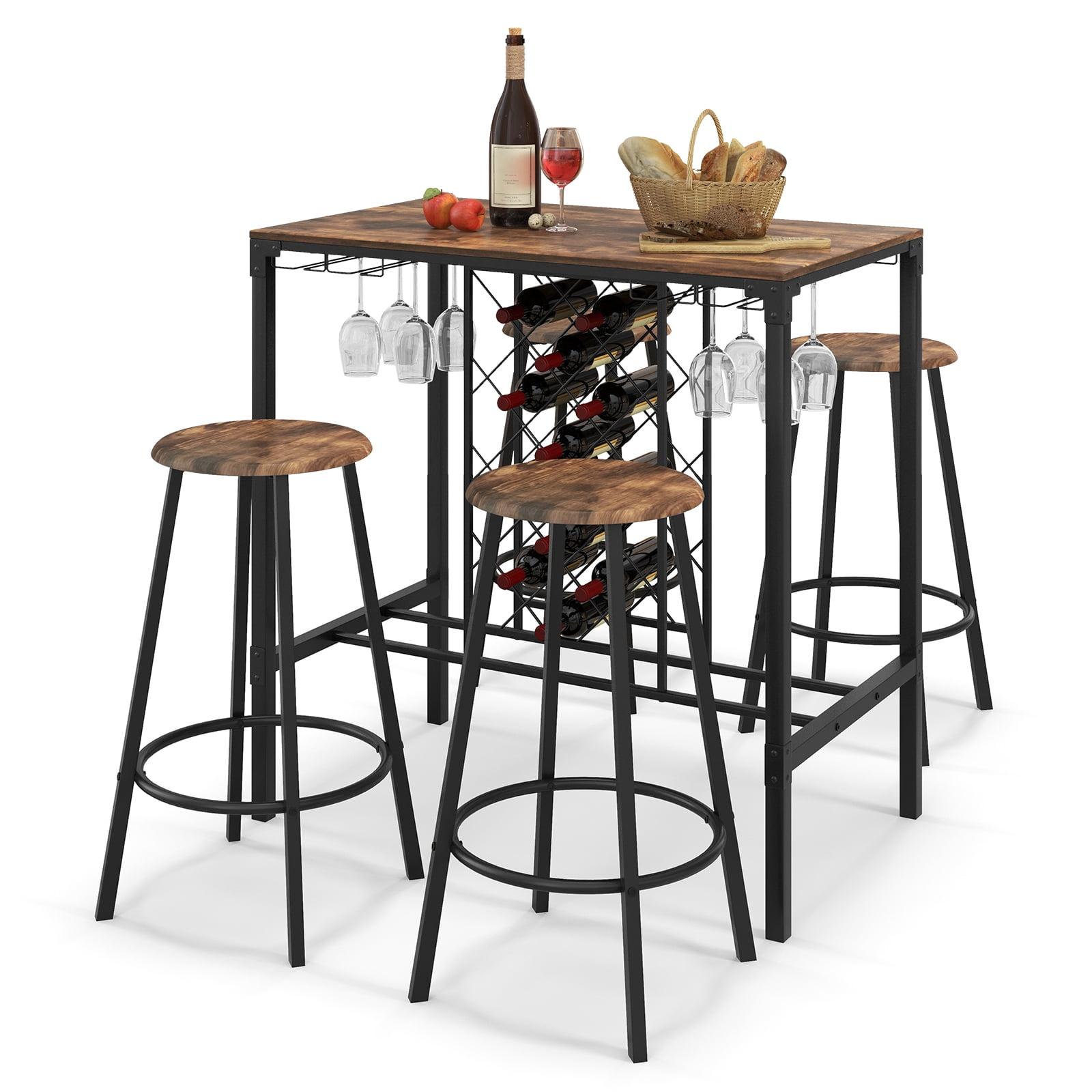 Costway 5PCS Bar Table & Stools Set Industrial Bistro Set with Wine Rack & Glass Holder