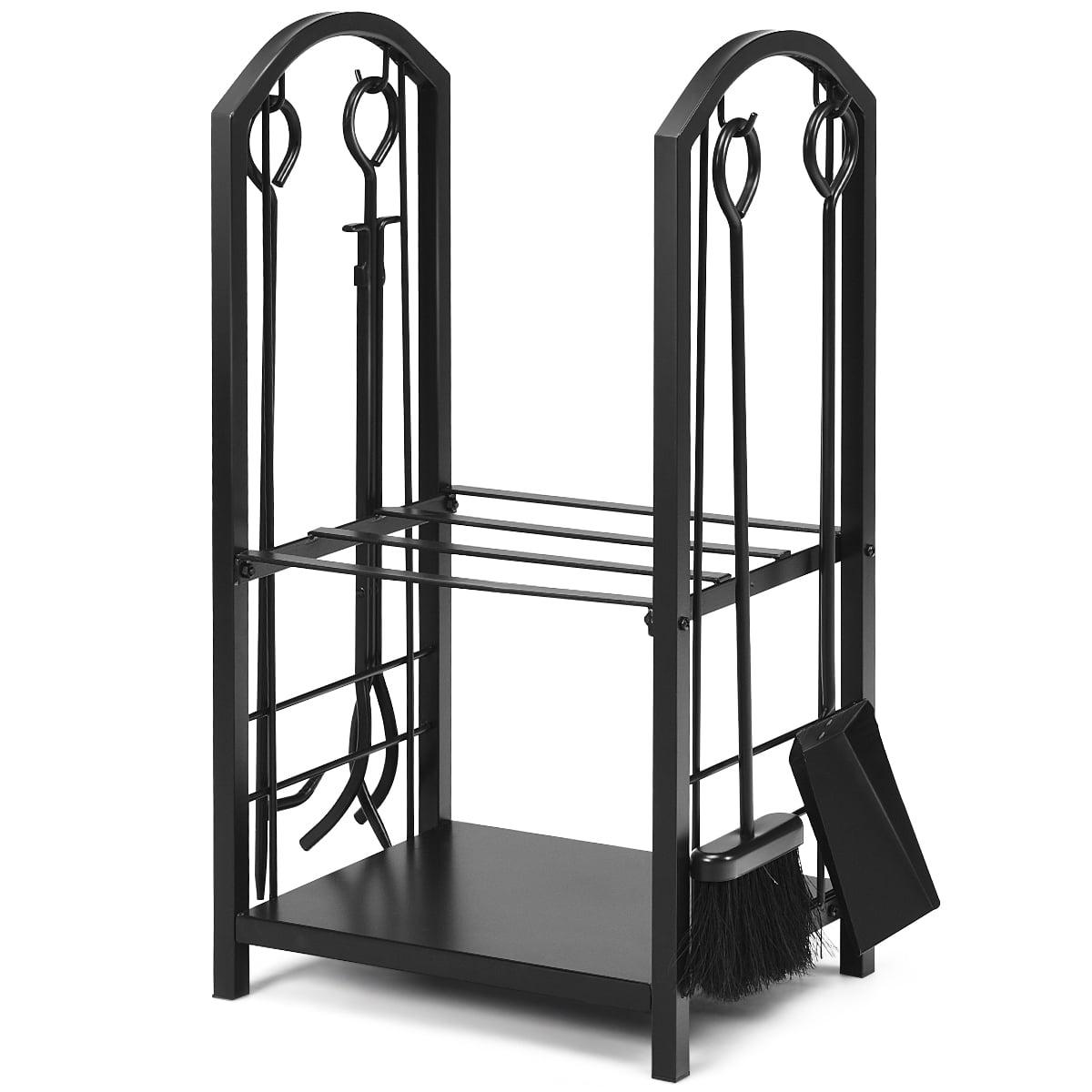 Tangkula Fireplace Log Rack with 4-Piece Fireplace Tools Wrought Iron Storage Logs Holder with Poker Black