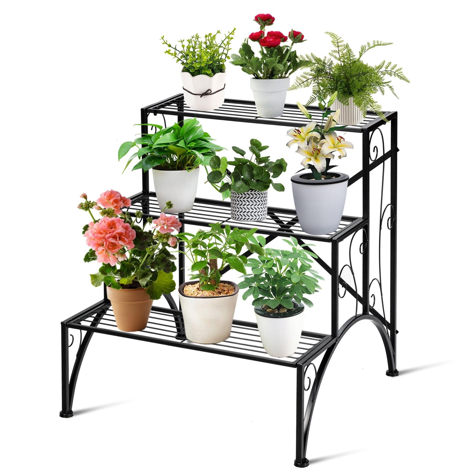 Black Iron 3-Tier Indoor Outdoor Plant Stand with Curved Lace Design