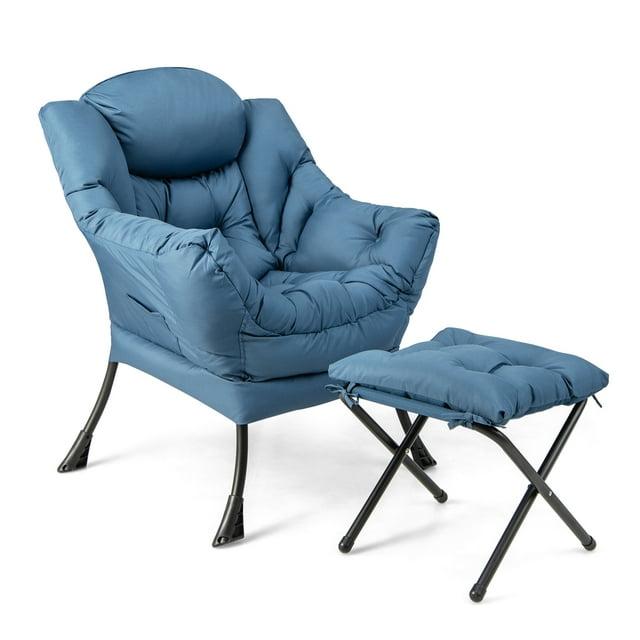 Tangkula Lazy Sofa Chair Accent Leisure Armchair with Folding Footrest & Storage Pocket Blue