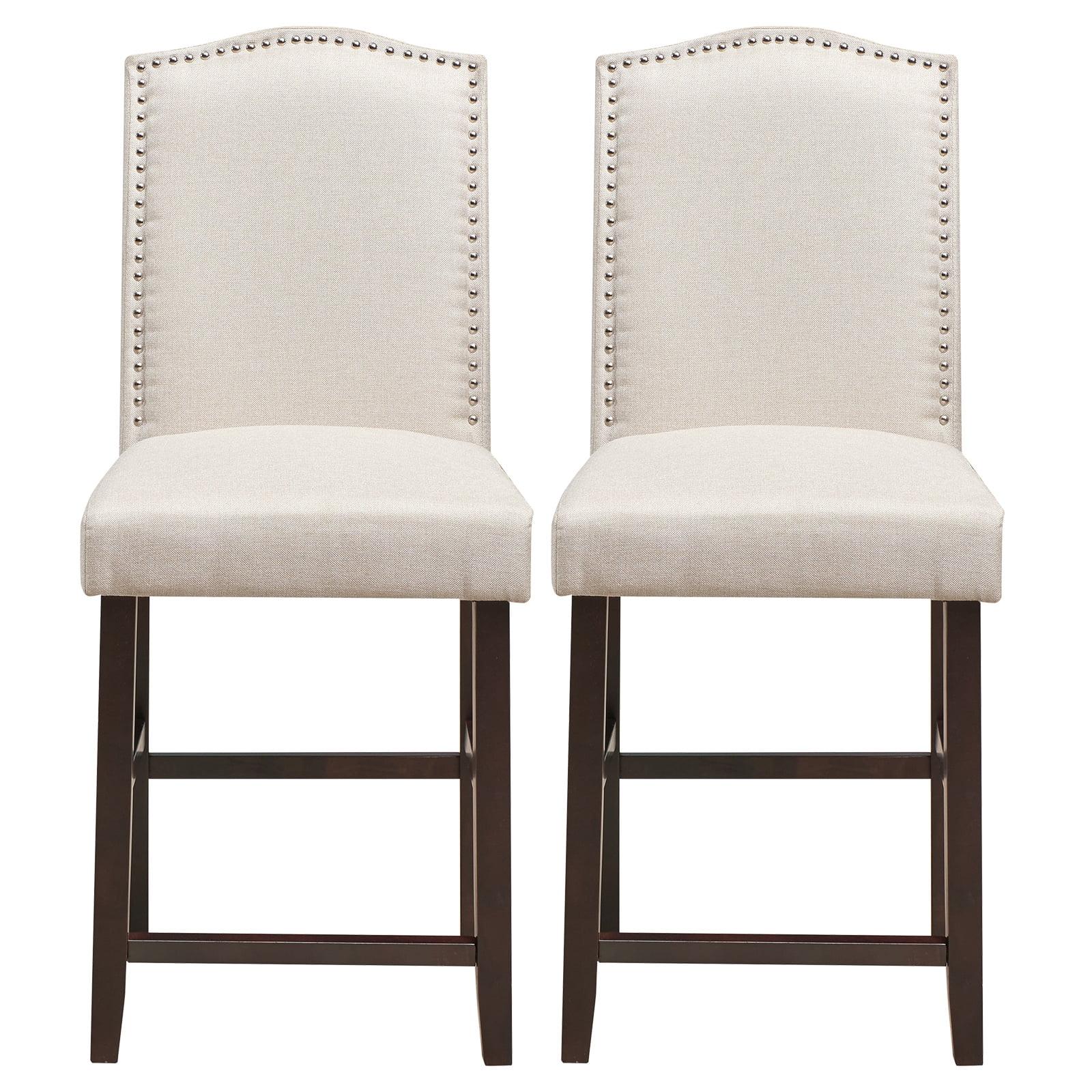 Costway Set of 2 Fabric Barstools Nail Head Trim Counter Height Dining Side Chairs Grey/Beige