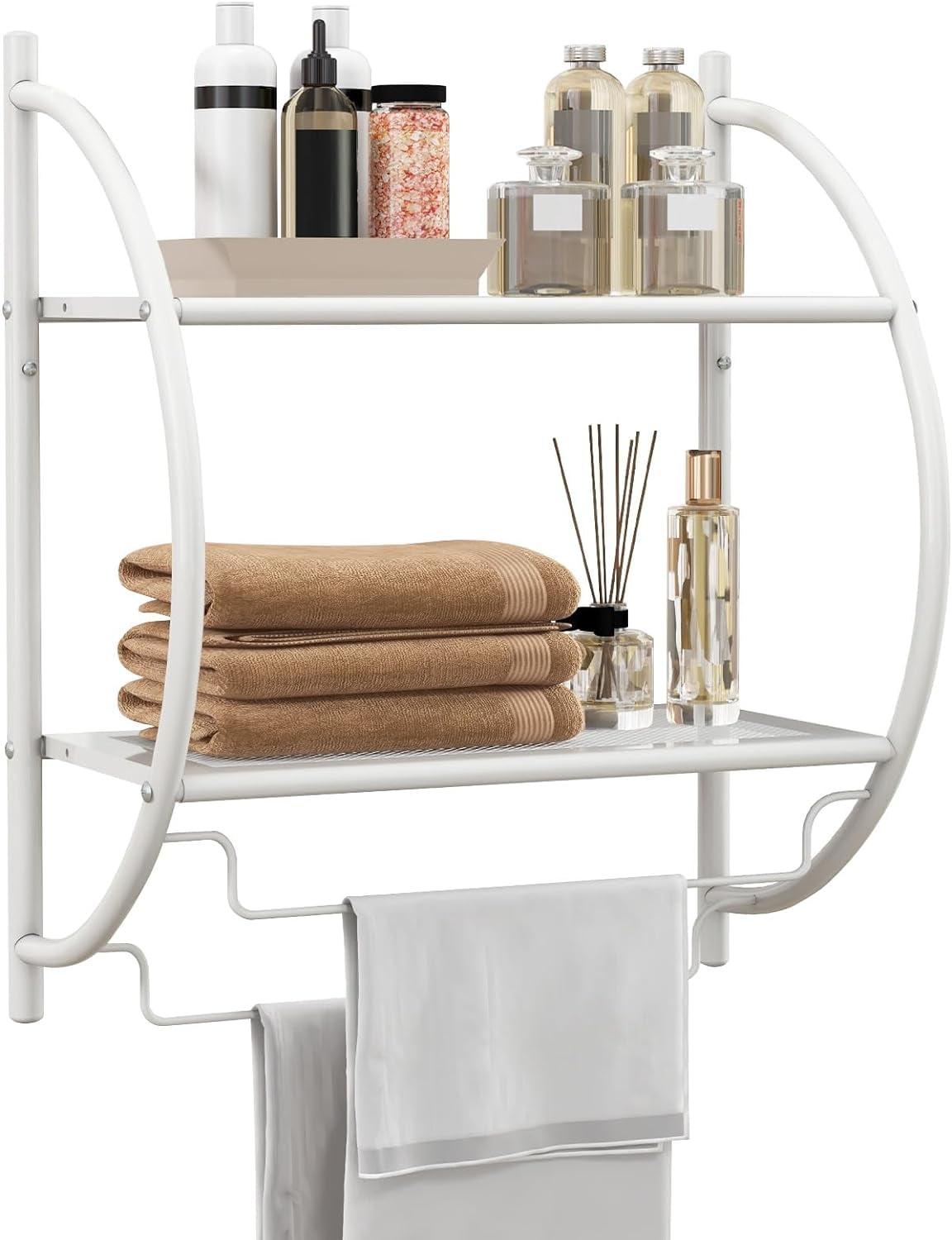 Tangkula Wall Mount 2 Tier Bathroom Shelf with Bars Chrome Bathroom Shelf Home Toilet Double Layer Shelf Rustproof Chrome Shelf White