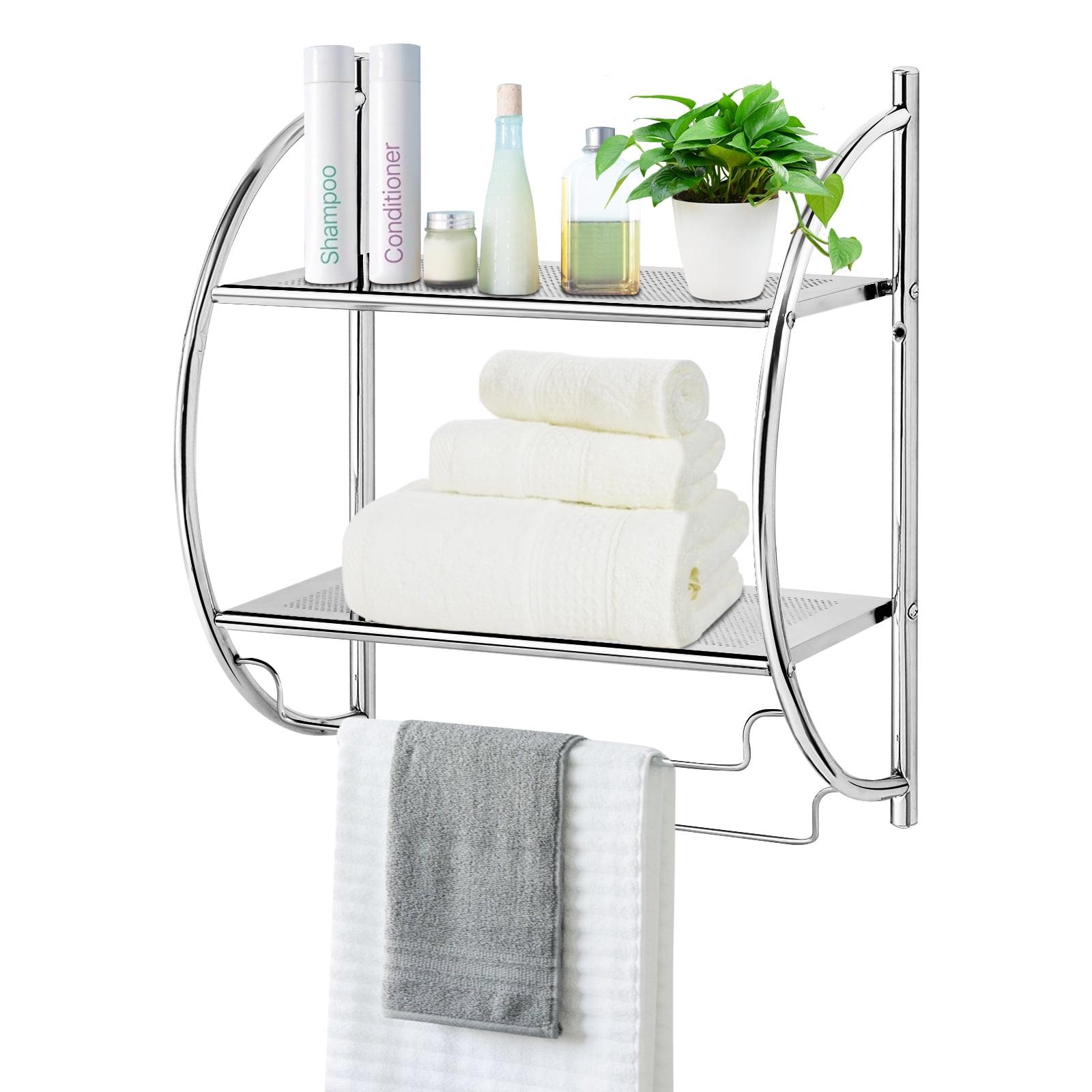 Wall Mount 2 Tier Bathroom Shelf with Bars, 18" W X 10" D X 22" H, Chrome Bathroom Shelf, Home Toilet Double Layer Shelf, Rustproof Chrome Shelf