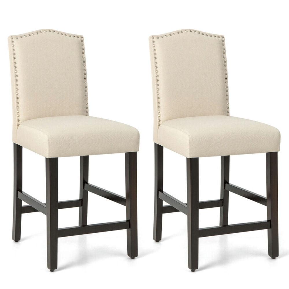 Counter Height Fabric Upholstered Dining Chair with Nailhead Trim, Beige - Set of 2