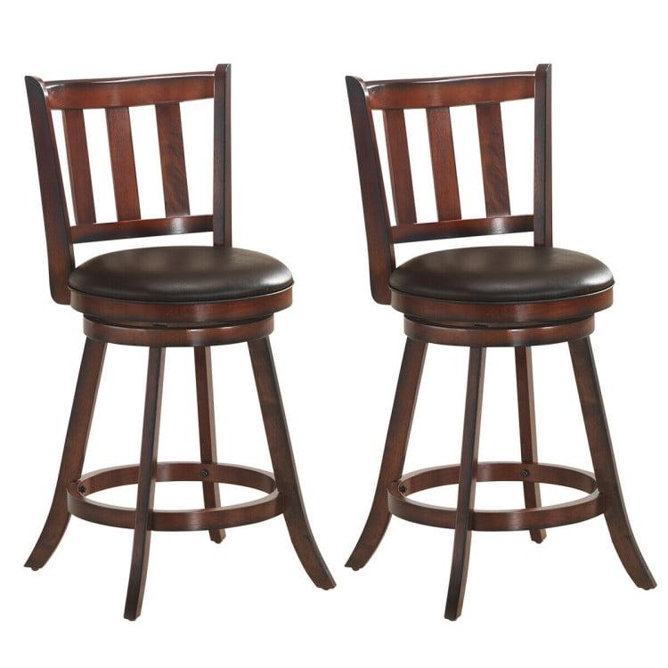 Brown Wood and Leather Swivel Bar Stools, 25'' Set of 2