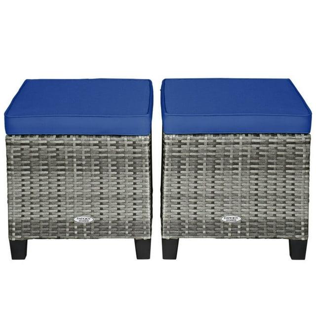 Topcobe 2 Pieces Patio Rattan Ottoman Seat with Removable Cushions, Outdoor Patio Furniture-Navy