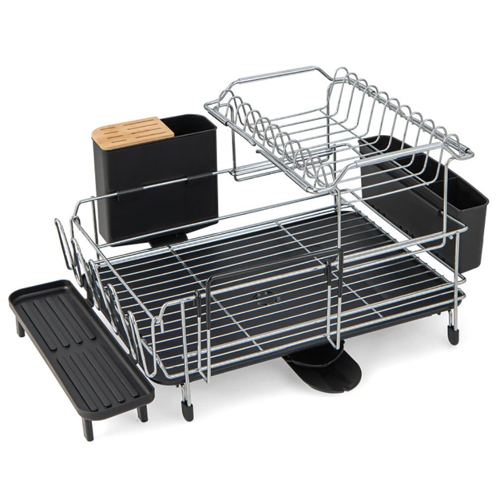 Black and Silver 2-Tier Metal Dish Rack with Utensil Cup