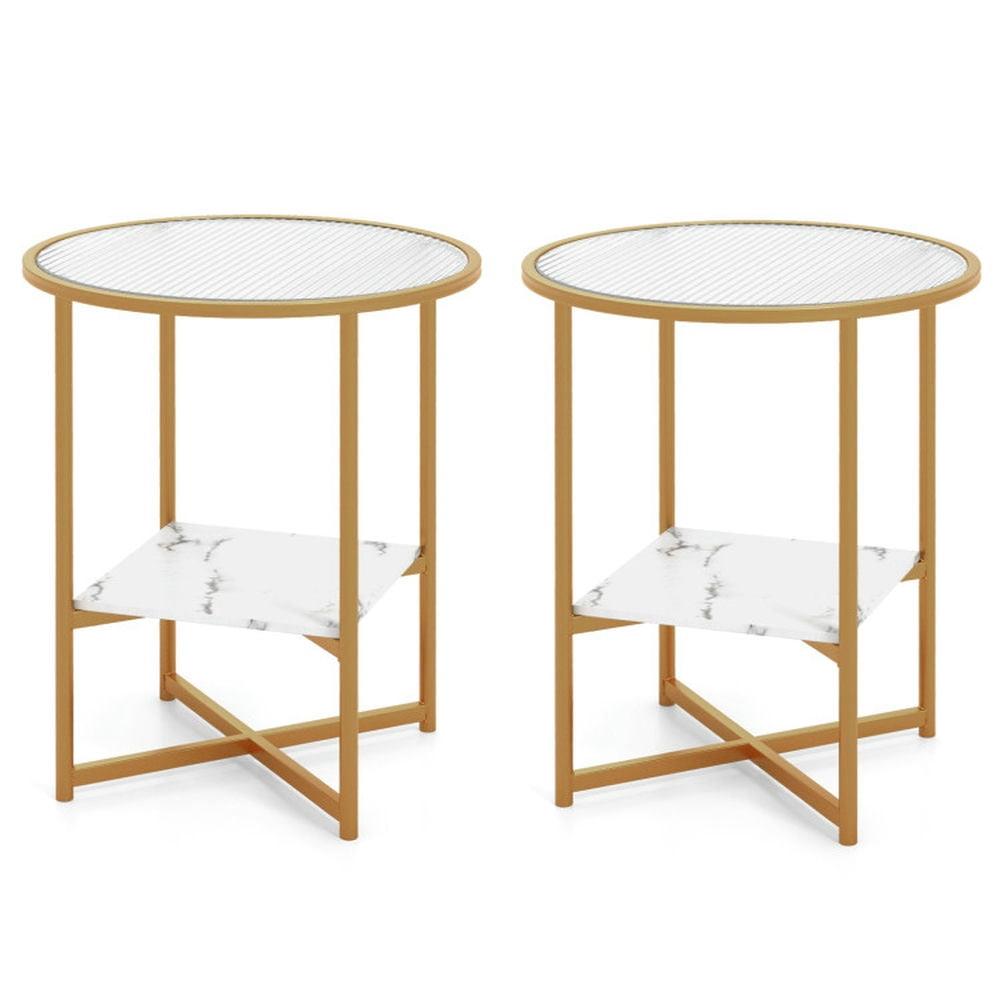 Kepooman End Tables,Side End Table,Nightstand,2-Tier Glass End Table Set of 2 with Faux Marble Storage Shelf-White