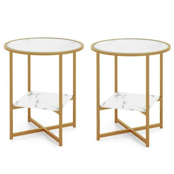 Kepooman End Tables,Side End Table,Nightstand,2-Tier Glass End Table Set of 2 with Faux Marble Storage Shelf-White