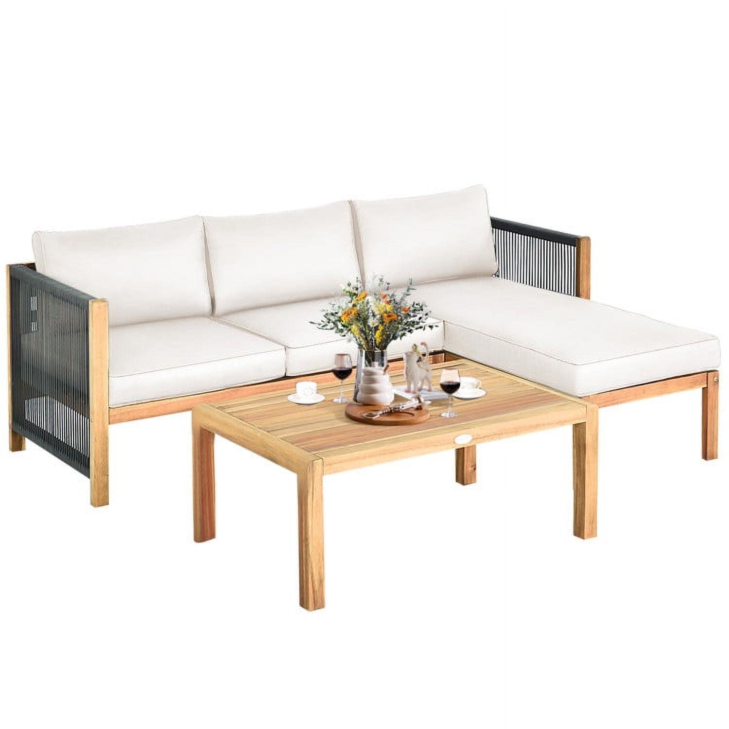 Topcobe 3 Piece Patio Acacia Sofa Set with Nylon Armrest, Outdoor Furniture, White