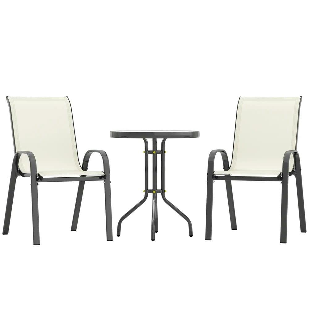 Outsunny 3 Pieces Outdoor Bistro Set, Patio Furniture with Stackable Chairs and Glass Table, High Back Small Patio Set for Balcony, Porch, Beige