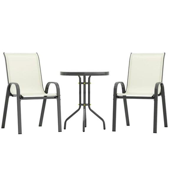Outsunny 3 Pieces Outdoor Bistro Set, Patio Furniture with Stackable Chairs and Glass Table, High Back Small Patio Set for Balcony, Porch, Beige