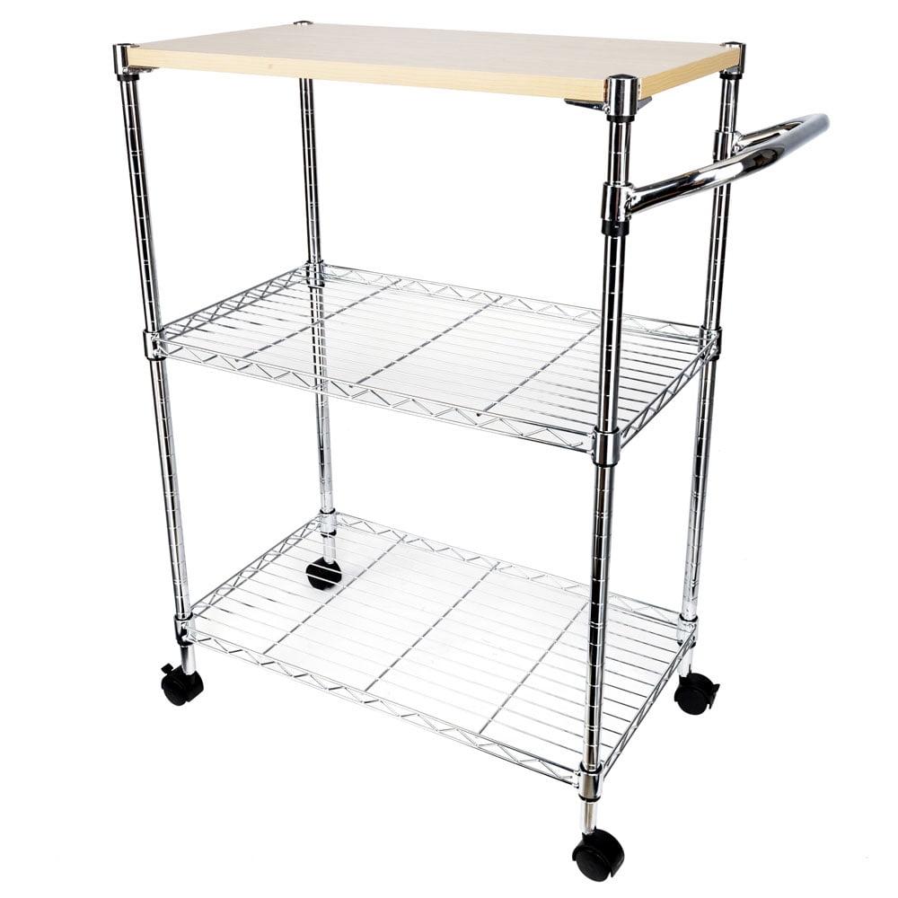 Topcobe 3 Tiers Kitchen Island, Portable Kitchen Cart on Wheels wiht Drawer and Basket, Movable Rolling Kitchen Island Cart with Handle - Silver