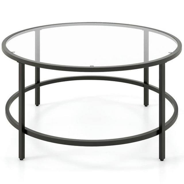 36" Round Glass Coffee Table, Black Circle Coffee Table Center Table with Glass Top, Small Coffee Table for Living Room, Office and Apartment