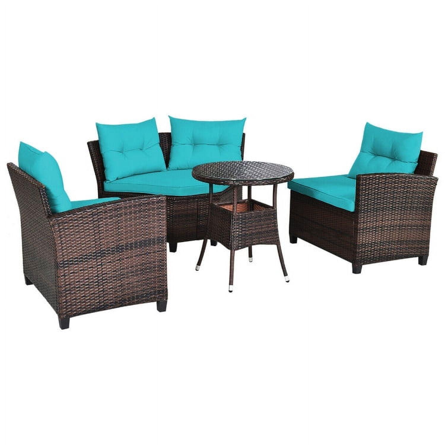Costway 4PCS Outdoor Patio Rattan Furniture Set Cushioned Sofa Table Turquoise