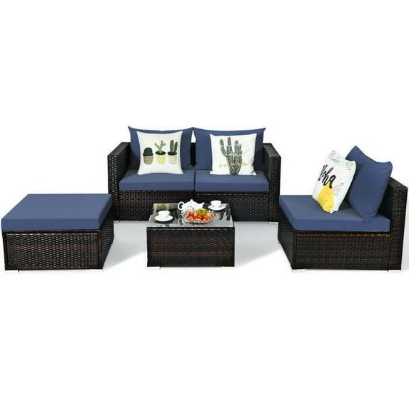 Kepooman Patio Furniture Sofa Set, Outdoor Conversation Sets, 5 Pieces Patio Rattan Sectional Furniture Set with Cushions and Coffee Table -Navy