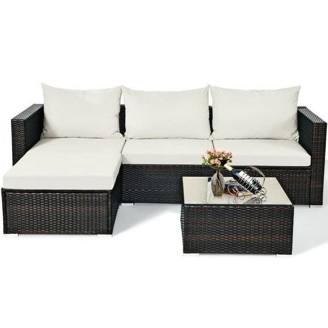 Topcobe 5 Pieces Patio Rattan Sectional Furniture Set with Cushions and Coffee Table, Outdoor Furniture, Off White