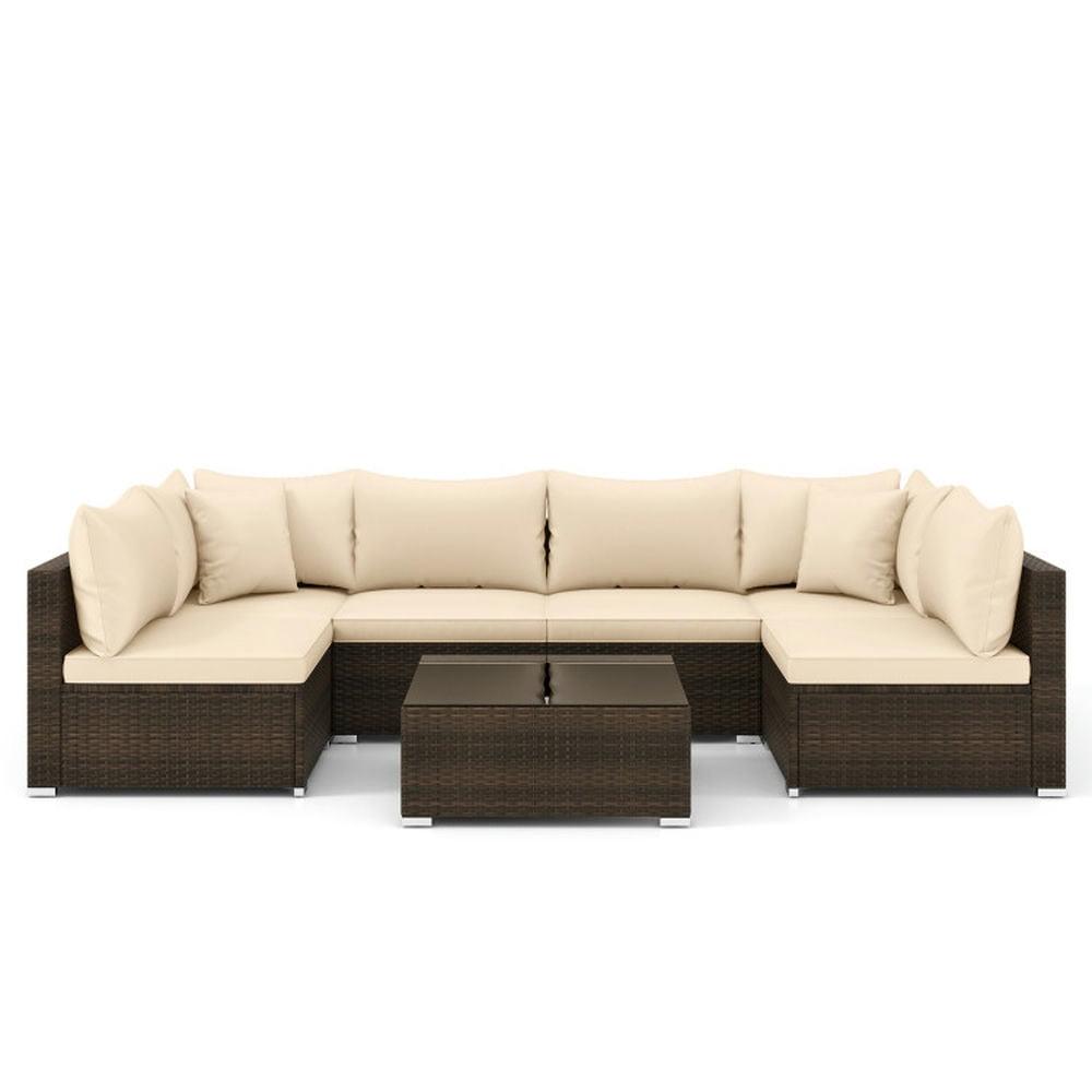 Topcobe 7 Pieces Patio Rattan Furniture Set with Sectional Sofa Cushions, Outdoor Patio Furniture-Beige