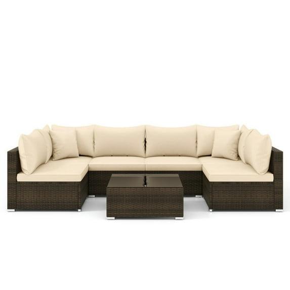 Topcobe 7 Pieces Patio Rattan Furniture Set with Sectional Sofa Cushions, Outdoor Patio Furniture-Beige