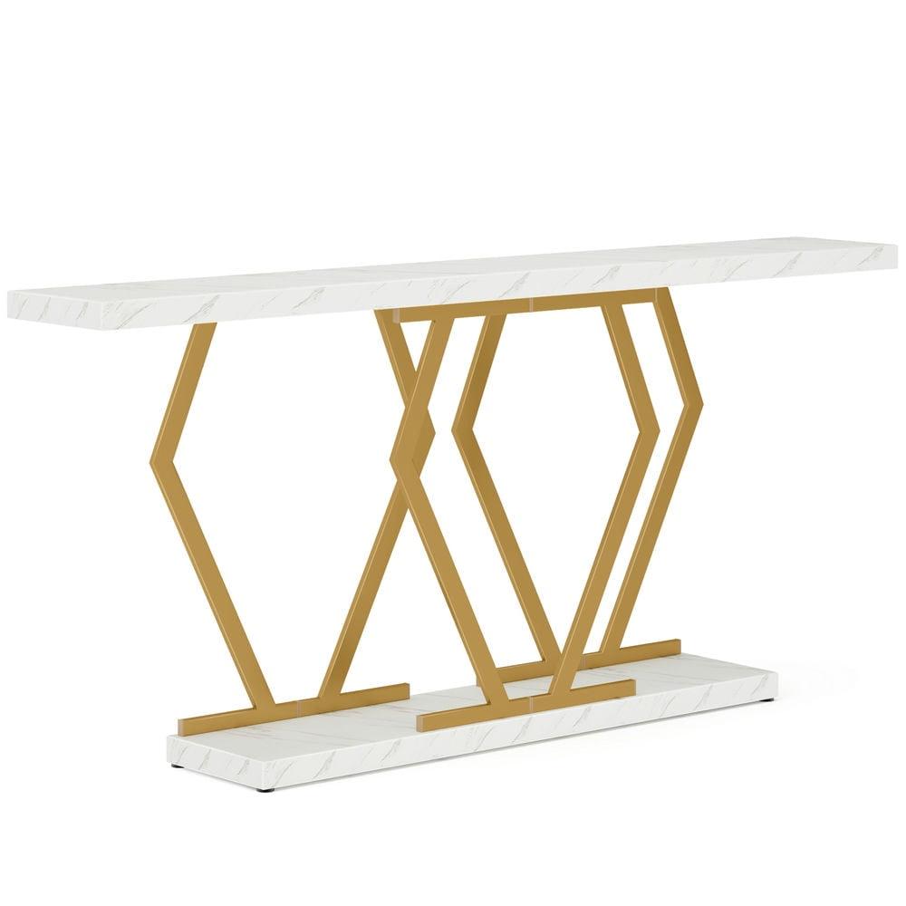 Tribesigns 70.9 Inch Extra Long Sofa Table, Modern Console Table with Faux Marble Tabletop, Long Entryway Table for Entrance, Gold and White
