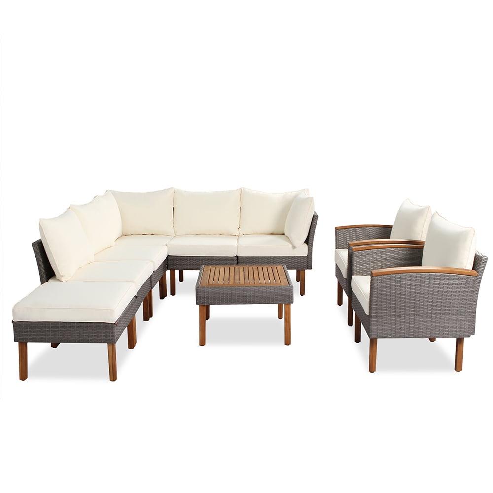 9-Piece Beige Wicker Patio Sofa Set with Iron Frame