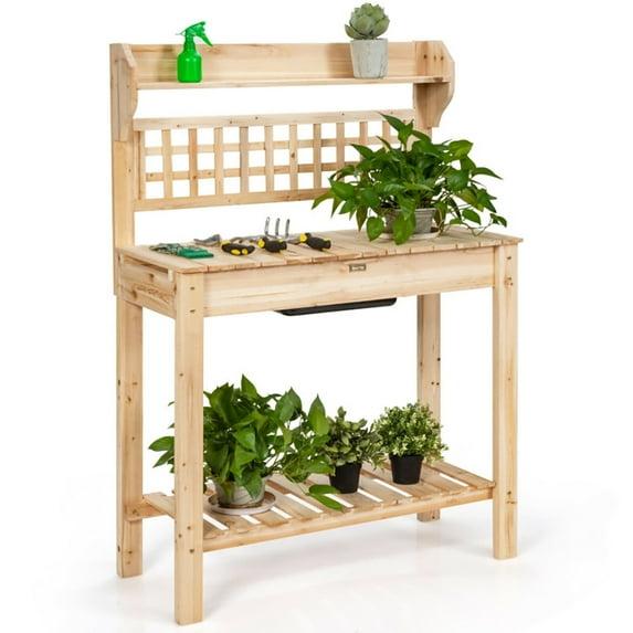 Costway Garden Potting Bench Workstation Table w/Sliding Tabletop Sink Shelves
